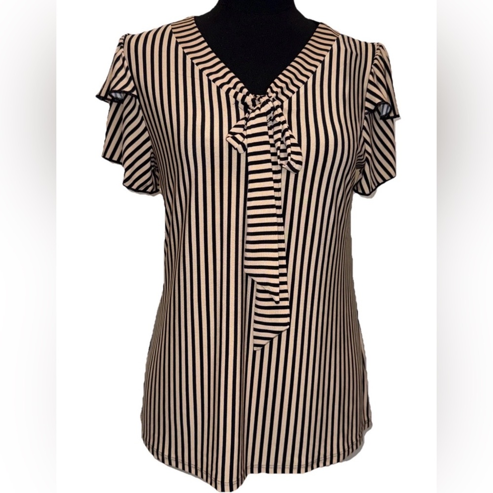 Atelier 29 Women's Short Sleeve Tan & Black Striped Blouse, Tie, NWT, Small